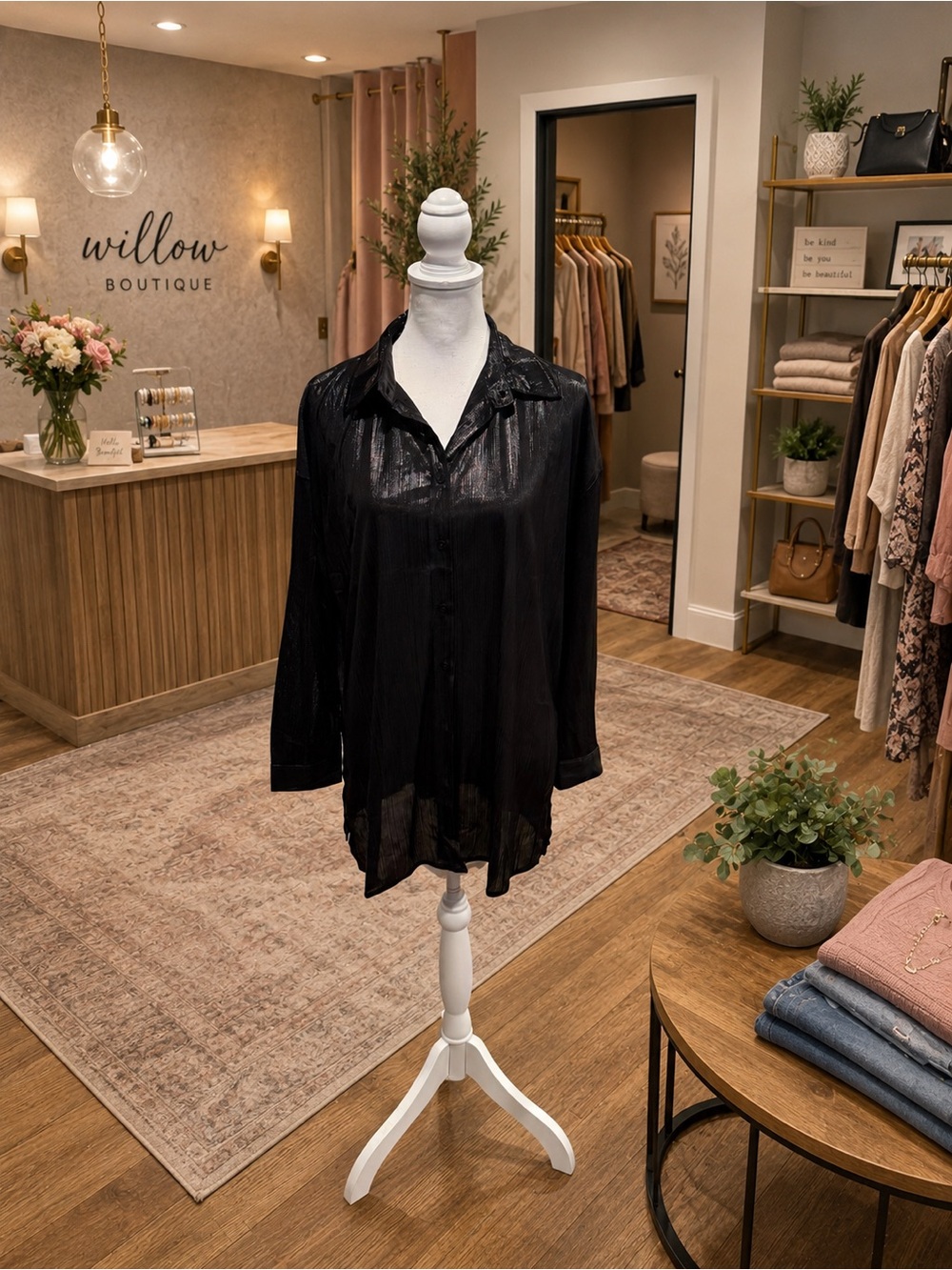 Umgee Black Shiny Button-Up Tunic Top Size Medium NWT